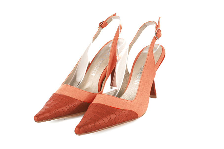 French elegance and refinement for these terracotta orange dress slingback shoes, 
                available in many subtle leather and colour combinations. For fans of a quirky "Rock" style pointed toe.
To be personalized or not with your materials and colors.  
                Matching clutches for parties, ceremonies and weddings.   
                You can customize these shoes to perfectly match your tastes or needs, and have a unique model.  
                Choice of leathers, colours, knots and heels. 
                Wide range of materials and shades carefully chosen.  
                Rich collection of flat, low, mid and high heels.  
                Small and large shoe sizes - Florence KOOIJMAN